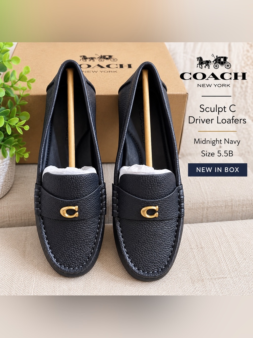Coach Sculpt C Leather Driver Loafers Midnight Navy Gold Women's 5.5B NIB